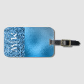 Étiquette À Bagage Monogramme Elegant Blue Sparkle Parties scintillan (Devant Horizontal)