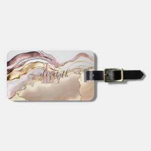 Étiquette À Bagage Monogramme élégant de marbre rose avec paillettes