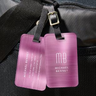 Étiquette À Bagage Monogramme élégant Métal brossé rose