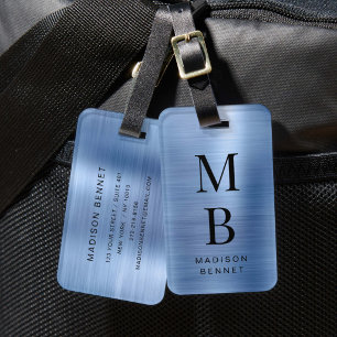 Étiquette À Bagage Monogramme Élégant Métallic Brossé Bleu
