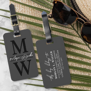 Étiquette À Bagage Monogramme élégant personnalisé gris noir