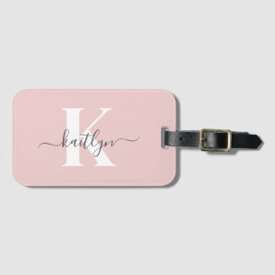 Étiquette À Bagage Monogramme élégant rose poudré gris écriture