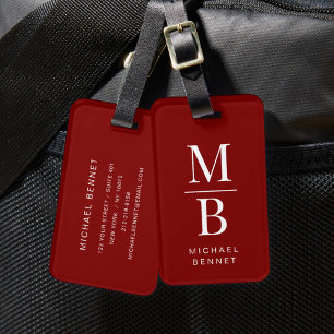 Étiquette À Bagage Monogramme Élégant Rouge Bourgogne