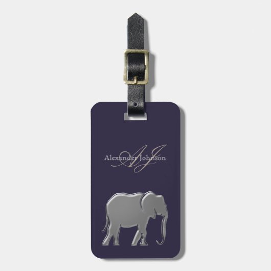Étiquette À Bagage Monogramme éléphant argent moderne (Devant Vertical)