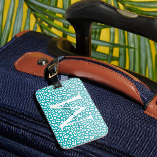 Étiquette À Bagage Monogramme Empreinte de léopard Turquoise