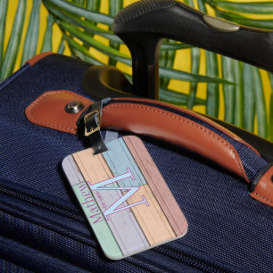Étiquette À Bagage monogramme en bois coloré pastel rustique année d'