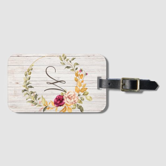 Étiquette À Bagage Monogramme en bois vieilli avec couronne en fleur  (Devant Horizontal)