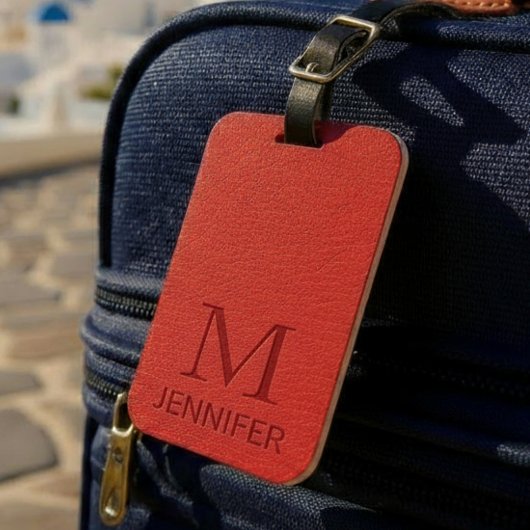 Étiquette À Bagage Monogramme en cuir texturé rouge Nom personnalisé