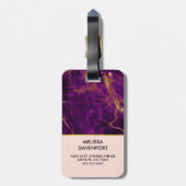 Étiquette À Bagage Monogramme en marbre Abstrait moderne violet et or (Dos Vertical)