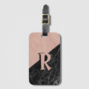 Étiquette À Bagage Monogramme en marbre noir rose cool personnalisé