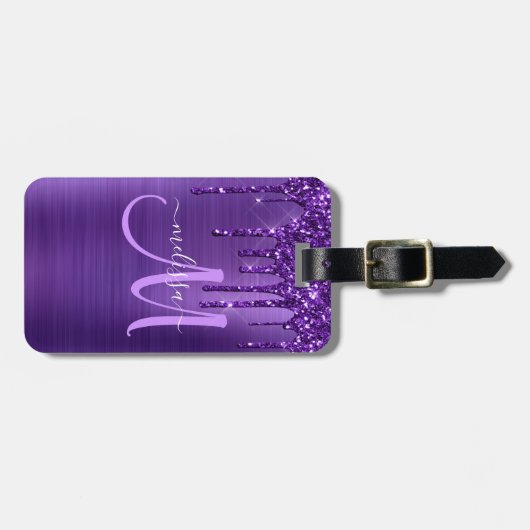 Étiquette À Bagage Monogramme en métal brosse à Parties scintillant à (Devant horizontal)