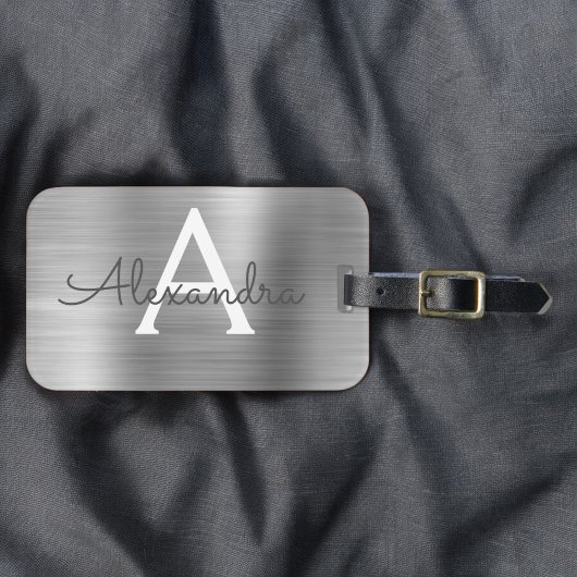 Étiquette À Bagage Monogramme en métal brossé argent Nom et initiale