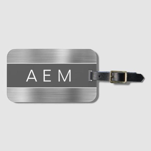 Étiquette À Bagage Monogramme en métal brossé argent Nom et initiale (Devant Horizontal)