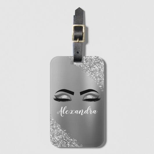 Étiquette À Bagage Monogramme en métal brossé argent Nom et initiale (Devant Vertical)