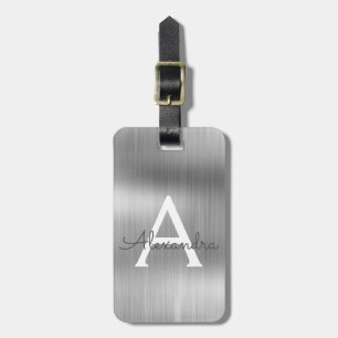 Étiquette À Bagage Monogramme en métal brossé argent Nom et initiale