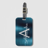 Étiquette À Bagage Monogramme en métal brossé bleu Nom et initiale (Devant Vertical)