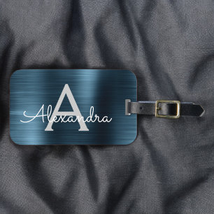 Étiquette À Bagage Monogramme en métal brossé bleu Nom et initiale