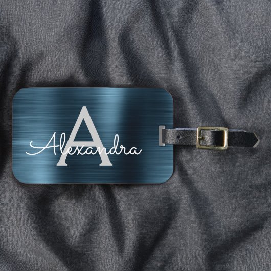 Étiquette À Bagage Monogramme en métal brossé bleu Nom et initiale