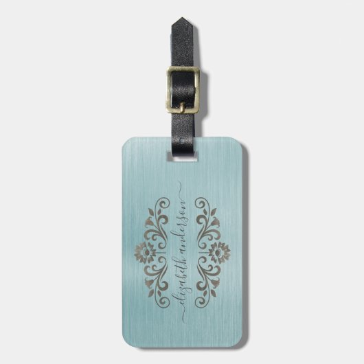 Étiquette À Bagage Monogramme en métal brossé bleu Nom Script (Devant Vertical)