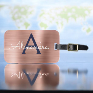 Étiquette À Bagage Monogramme en métal brossé bleu or rose et bleu ma