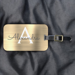 Étiquette À Bagage Monogramme en métal brossé de luxe Nom initial