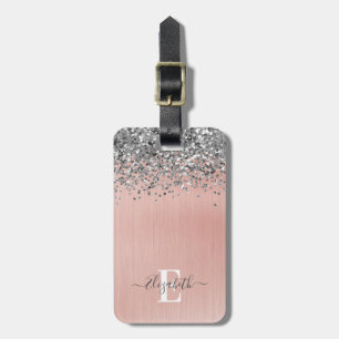 Étiquette À Bagage Monogramme en métal brossé rose glam Parties scint