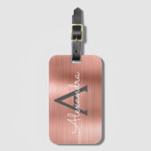 Étiquette À Bagage Monogramme en métal brossé rose or Nom et initiale (Devant Vertical)