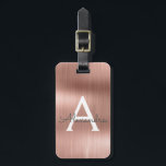 Étiquette À Bagage Monogramme en métal brossé rose or Nom et initiale<br><div class="desc">Rose Gold } Blush Pink brossé Foil Monogramme Nom et étiquette initiale de bagage. Cette étiquette de sac est parfaite pour le retour à l'école,  le travail ou le voyage.</div>