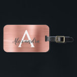 Étiquette À Bagage Monogramme en métal brossé rose or Nom et initiale<br><div class="desc">Rose Gold - Blush Pink brossé Foil Monogramme Nom et étiquette initiale de bagage. Cette étiquette de sac est parfaite pour le retour à l'école,  le travail ou le voyage.</div>