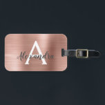 Étiquette À Bagage Monogramme en métal brossé rose or Nom et initiale<br><div class="desc">Rose Gold - Blush Pink brossé Foil Monogramme Nom et étiquette initiale de bagage. Cette étiquette de sac est parfaite pour le retour à l'école,  le travail ou le voyage.</div>
