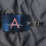 Étiquette À Bagage Monogramme en métal brossé rose or Nom et initiale<br><div class="desc">Rose Gold - Blush Pink et Navy Bleu Brossé Métal Foil Monogramme Nom et étiquette initiale de bagage. Cette étiquette de sac est parfaite pour le retour à l'école,  le travail ou le voyage.</div>