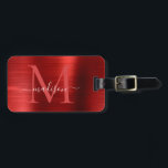 Étiquette À Bagage Monogramme en métal brossé rouge Bourgogne<br><div class="desc">Balise en métal brossé rouge Bourgogne Script Monogramme Sac</div>