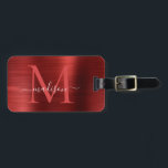 Étiquette À Bagage Monogramme en métal brossé rouge Bourgogne<br><div class="desc">Balise en métal brossé rouge Bourgogne Script Monogramme Sac</div>