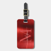 Étiquette À Bagage Monogramme en métal brossé rouge Bourgogne (Devant Vertical)
