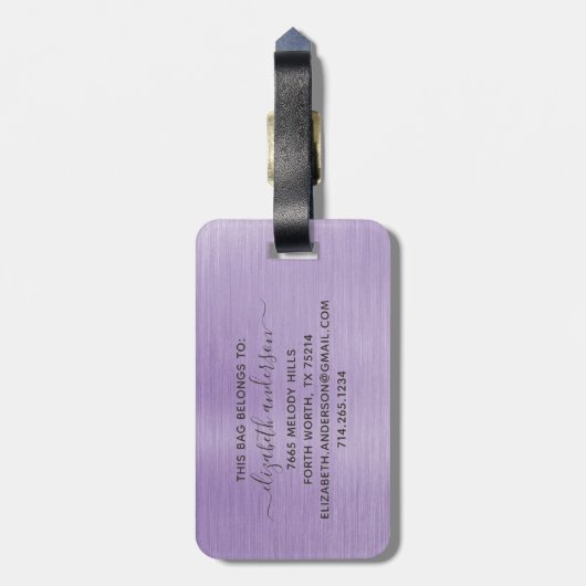 Étiquette À Bagage Monogramme en métal brossé violet Nom Script (Dos Vertical)