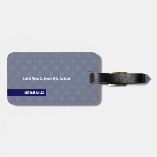 Étiquette À Bagage Monogramme en miroir (initiale et nom) Bleu (Dos horizontal)