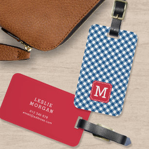 Étiquette À Bagage Monogramme En vichy bleu et rouge