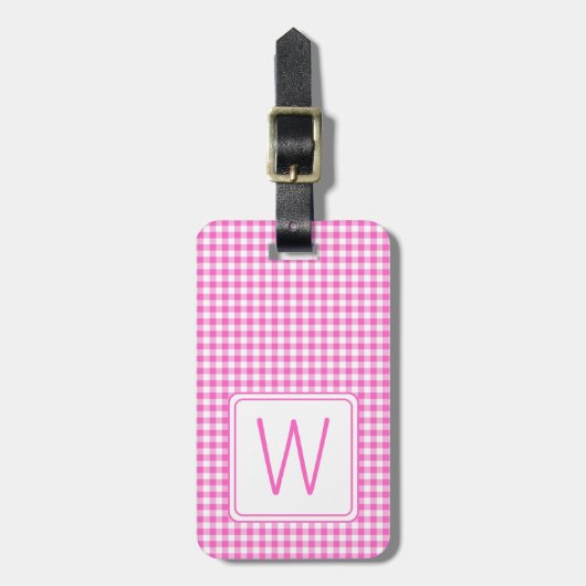 Étiquette À Bagage Monogramme En vichy plaid rose et blanc (Devant Vertical)