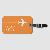 Étiquette À Bagage monogramme et avion en voyage orange (Devant Horizontal)