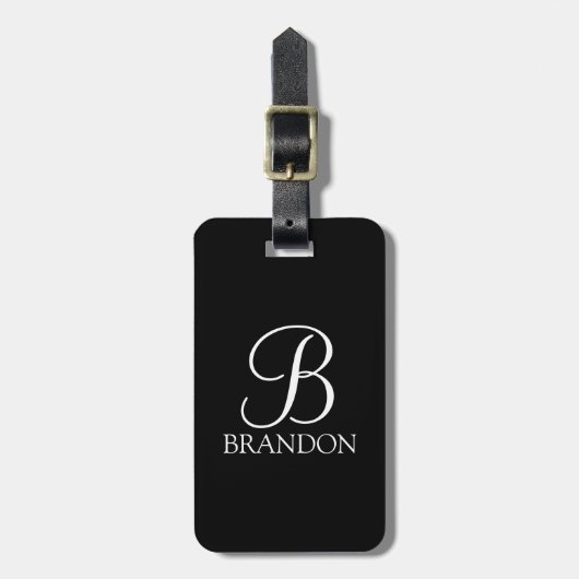 Étiquette À Bagage Monogramme et nom de script personnalisé noir (Devant Vertical)