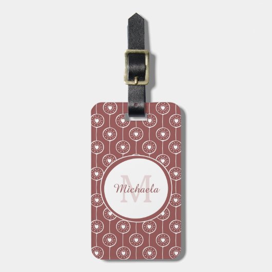 Étiquette À Bagage Monogramme et nom des coeurs Brown rouges élégants (Devant Vertical)