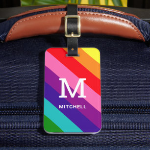 Étiquette À Bagage Monogramme et nom rayure arc-en-ciel coloré
