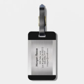 Étiquette À Bagage Monogramme et nom, Texte gris noir, Argent brossé (Dos Vertical)