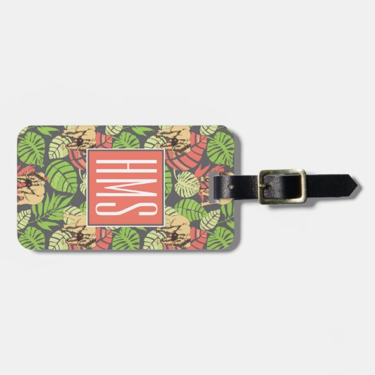 Étiquette À Bagage Monogramme exotique de feuille et d'éléphants | de (Devant horizontal)