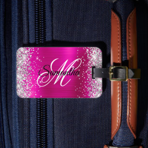 Étiquette À Bagage Monogramme fantaisie argent pailletté rose chaud e