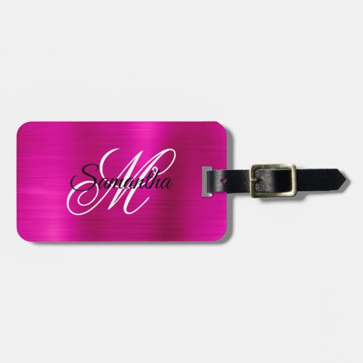 Étiquette À Bagage Monogramme fantaisie en métal rose chaud (Devant horizontal)