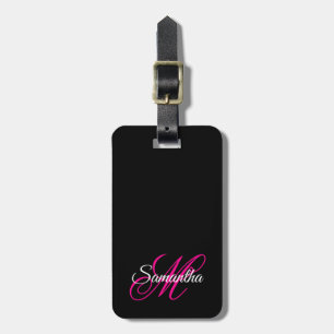 Étiquette À Bagage Monogramme fantaisie en noir, blanc et rose vif