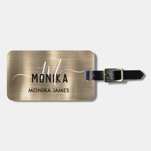 Étiquette À Bagage Monogramme Faux Or Acier métallique stylisé sur me (Devant horizontal)