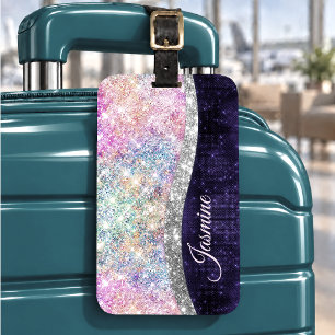 Étiquette À Bagage monogramme faux paillettes argent violet iridescen