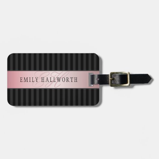 Étiquette À Bagage Monogramme Faux Rose Gold | Gris et noir (Devant horizontal)